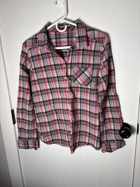 Prana Plaid Button Up Shirt Medium Pink Green Outdoorsy Hiking Top